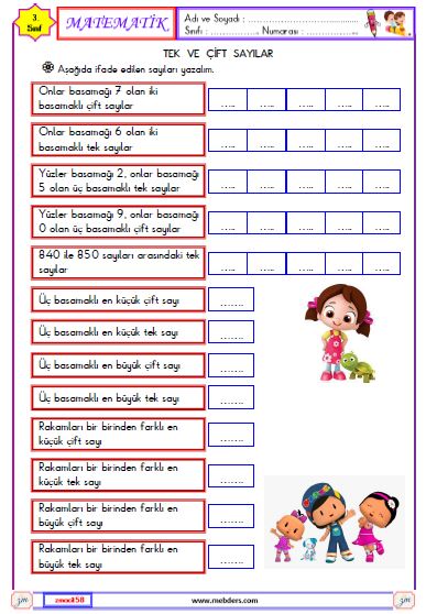 3. Sınıf Matematik Tek ve Çift Sayılar Etkinliği 3